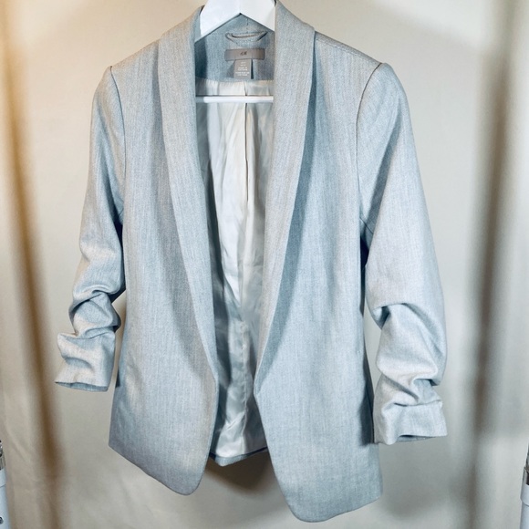 H&M Shawl Collar Blazer Open Front | 3/4 Cinched Sleeve | Grey Woven Fabric Sz 2 - Picture 4 of 6
